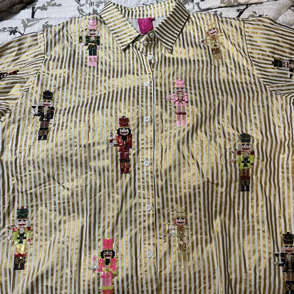 QUEEN OF SPARKLES Gold Striped Shirt with Multicolor Embroidery